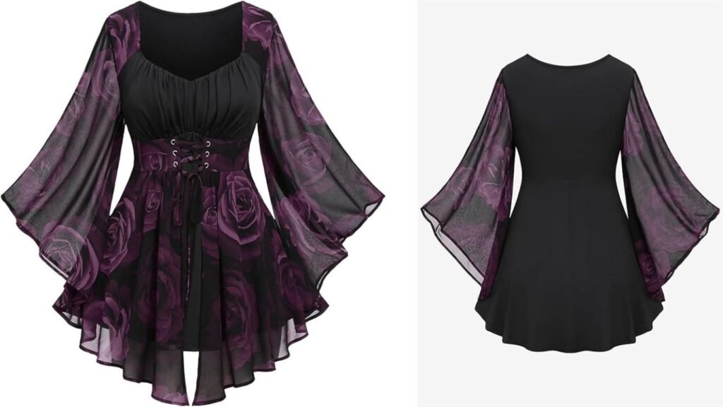 Rosegal Women Plus Size Romantic Gothic Lace-up Bell Sleeves Tee Flare Sleeves Renaissance Top Goth Costume Top