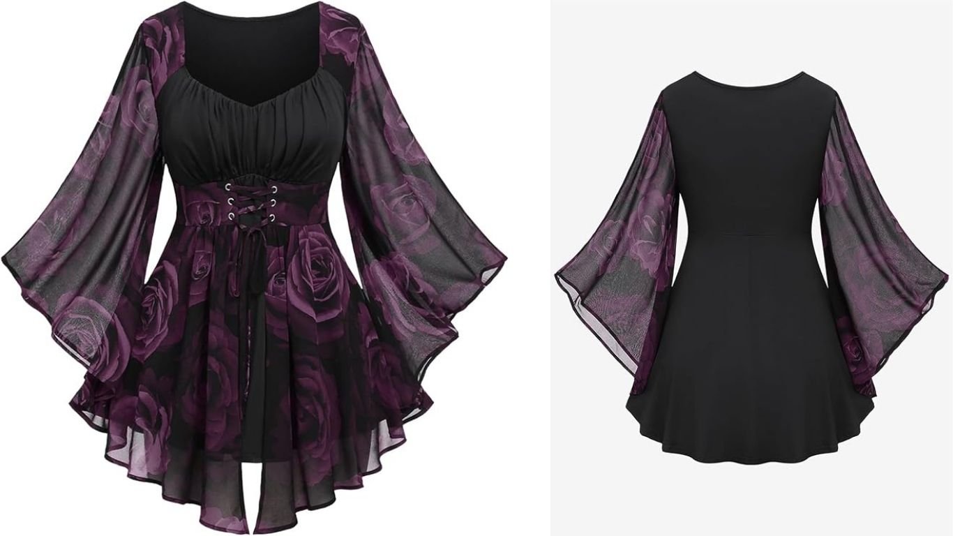 Rosegal Women Plus Size Romantic Gothic Lace-up Bell Sleeves Tee Flare Sleeves Renaissance Top Goth Costume Top