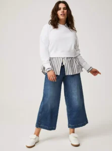 Torrid Women’s Plus Size Weekend Wide Leg Ankle Crop Mid-Rise Jeans front view