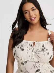 Torrid Women’s Plus Size Smocked Tie Front Cami Tank Top with adjustable straps and stretchy smocked bodice