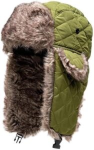 Model wearing S A Company Snow Camo Trapper Hat with ear flaps down