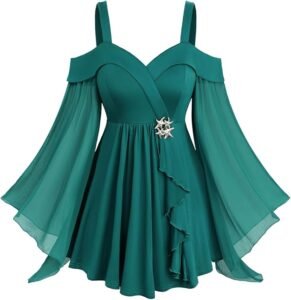 ROSE GAL Plus Size Cold Shoulder Ruffle Bell Sleeve Swing Top – Elegant Fall Top for Curvy Women