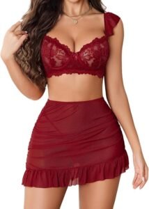 Avidlove Women Lingerie Set with Lace Bra and Ruffle Hem Skirt