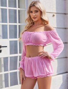 Avidlove women’s sexy long sleeve off-shoulder ruffle bra and panty lingerie set in lightweight, sheer fabric