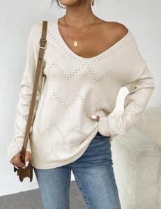 Zeagoo Women’s Lightweight V-Neck Off-Shoulder Crochet Pullover Top in casual fall style with long sleeves
