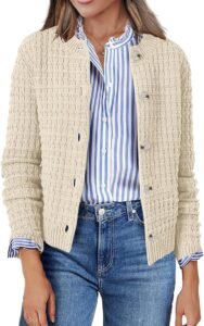 Zeagoo Women’s Cropped Knit Cardigan with button-down front, crew neckline, and long sleeves