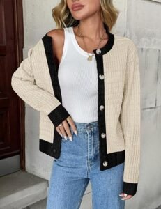 Zeagoo Women’s Cropped Knit Cardigan with button-down front, crew neckline, and long sleeves