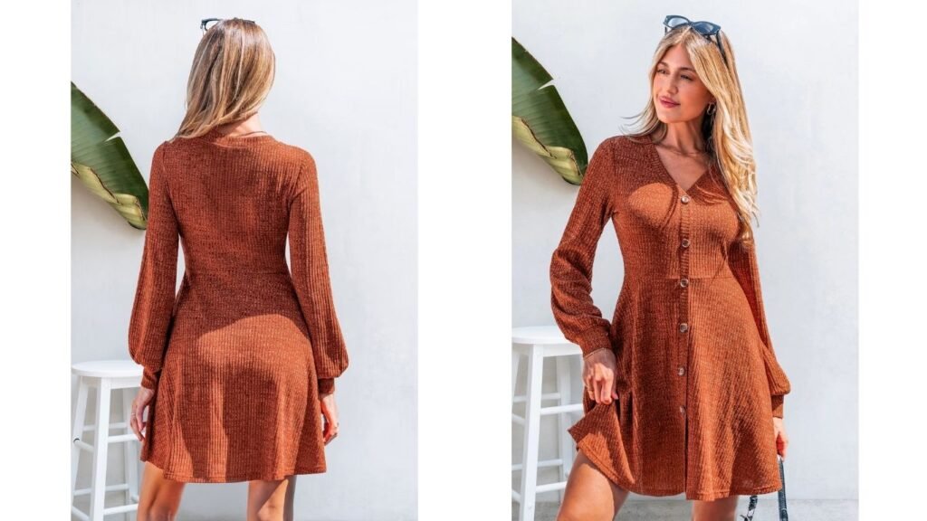 Cupshe Bonfire Babe Dress close-up of V-neckline and flowy skirt