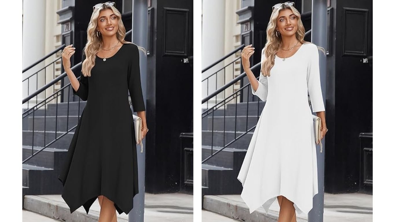 Zeagoo Midi Women 3/4 Sleeve A-Line Dress with Pockets – Elegant Casual Fall Dress
