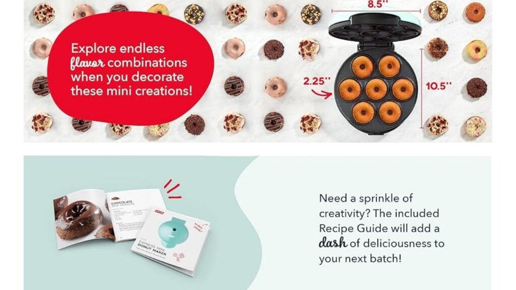 DASH Mini Donut Maker Machine in aqua color with freshly baked mini donuts