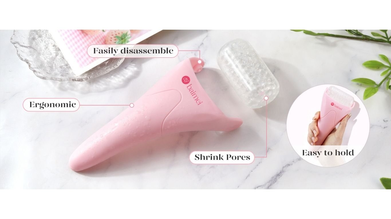 BAIMEI IcyMe Ice Roller for Face and Gua Sha Facial Tool Set – Reduces Puffiness and Relieves Migraines, Pink
