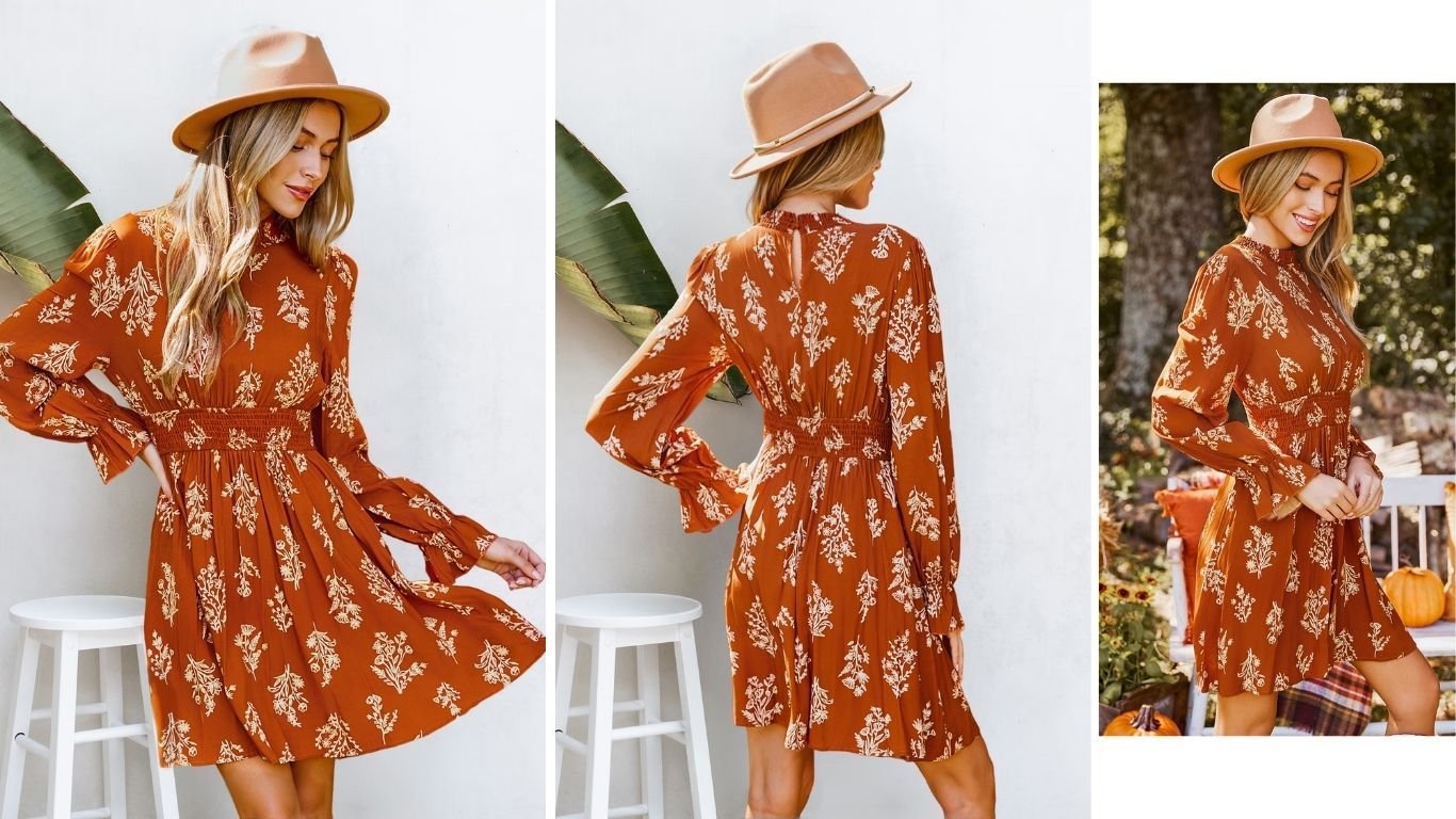 Burnt Orange Floral Blouson Sleeve Mini Dress