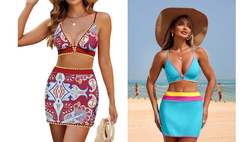 ZAFUL Women’s High Waisted Bikini Set with tummy control swim skirt and color block string bikini top for curvy women