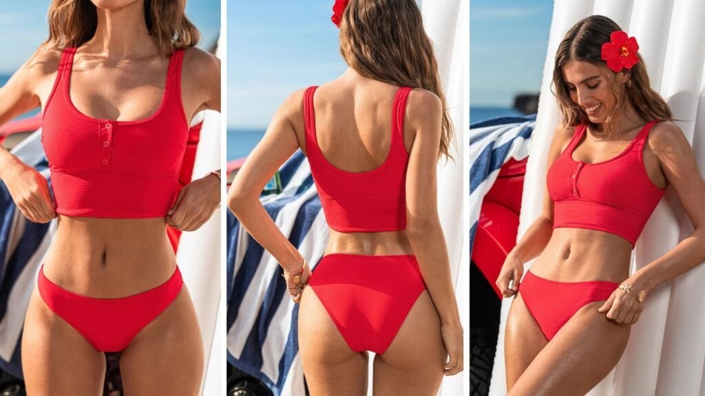 Woman wearing Sizzling Hot Red Tankini Set at the beach