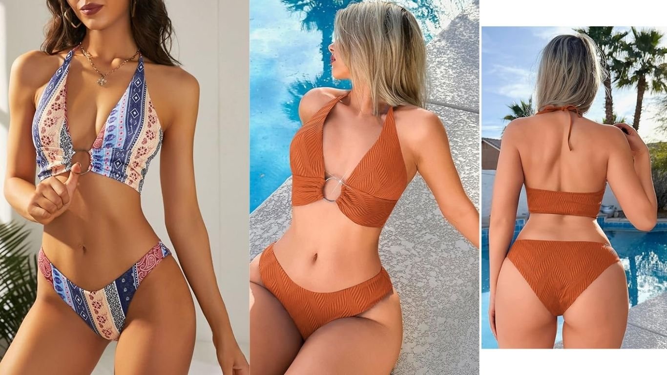 Model wearing ZAFUL O-Ring Halter Bikini Set at the beach