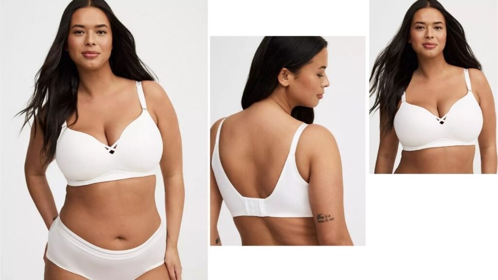 Model wearing Torrid Plus Size Dream Wire-Free Push-Up Bra in nude color