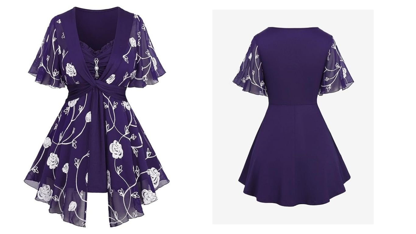 Plus size model wearing Rosegal Embroidery Rose 2-in-1 Blouse with chiffon panels