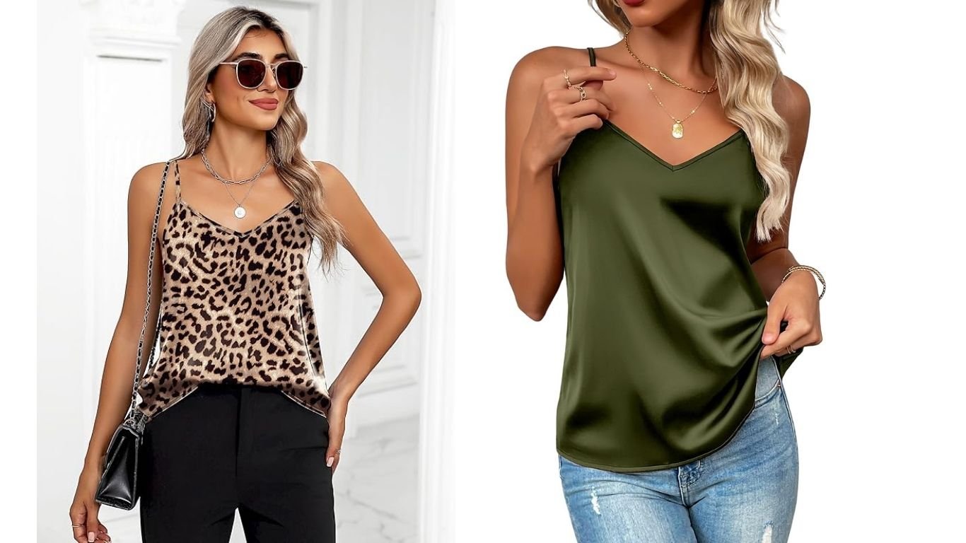 “Zeagoo Women’s Silk Satin V Neck Tank Top with adjustable straps”