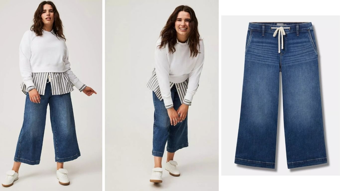Plus size woman wearing Torrid wide leg ankle crop jeans with sandals