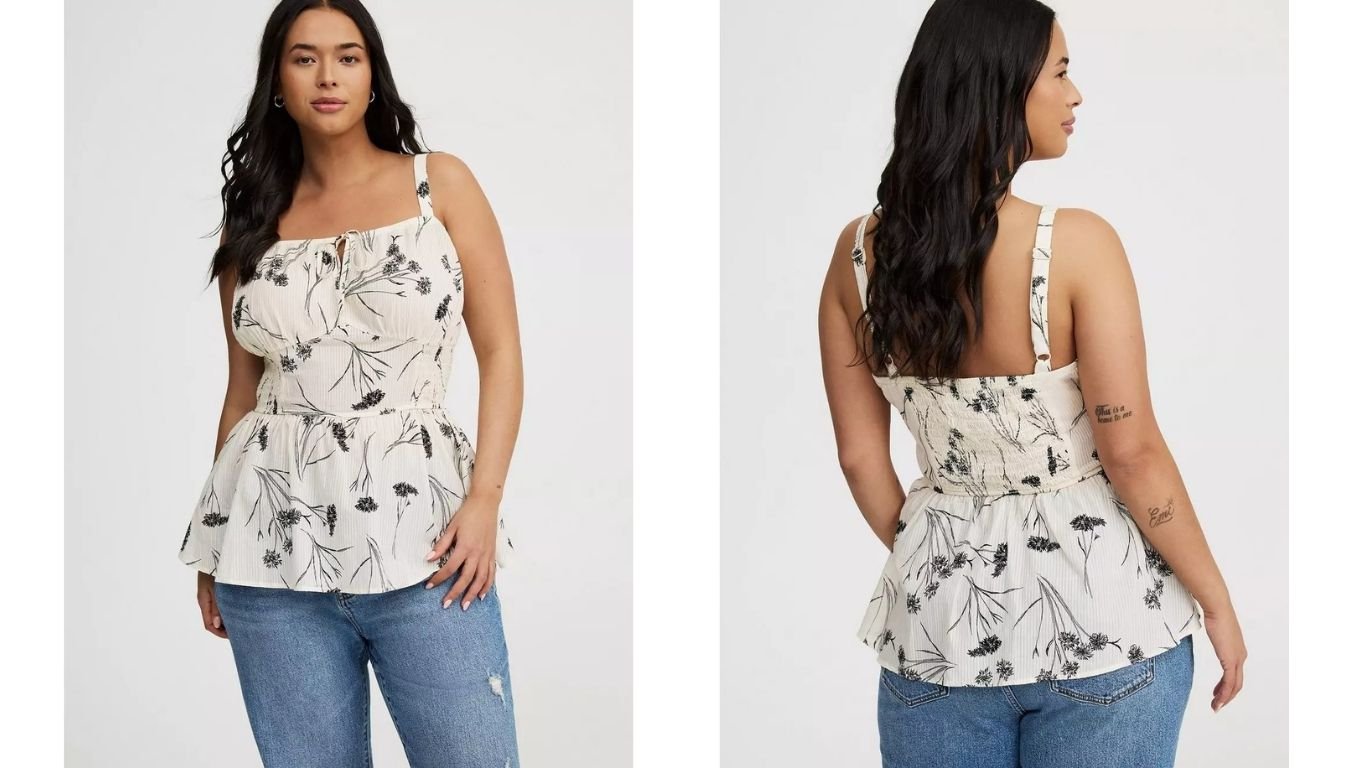 Torrid Women’s Plus Size Smocked Tie Front Cami Tank Top with adjustable straps and stretchy smocked bodice