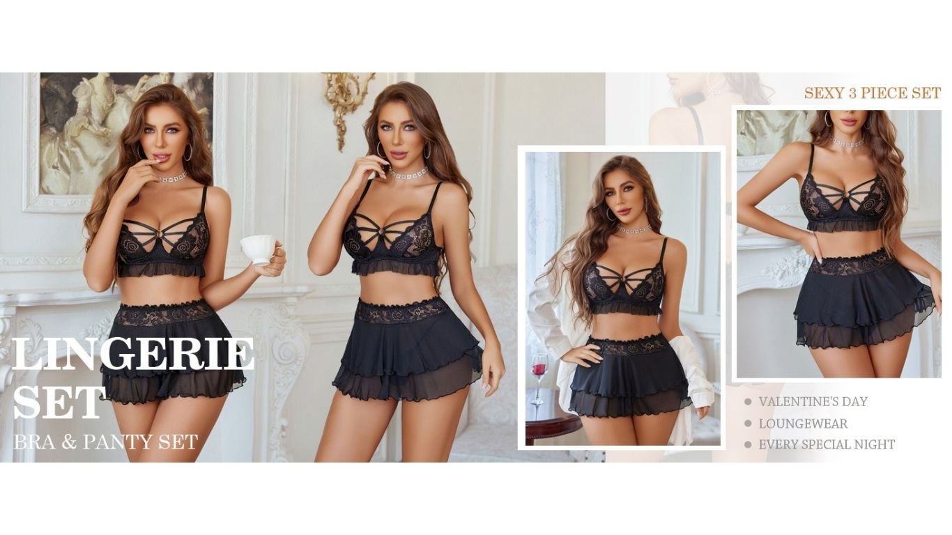 Avidlove lace lingerie 3-piece set featuring a lace bralette, mini skirt, and matching panty