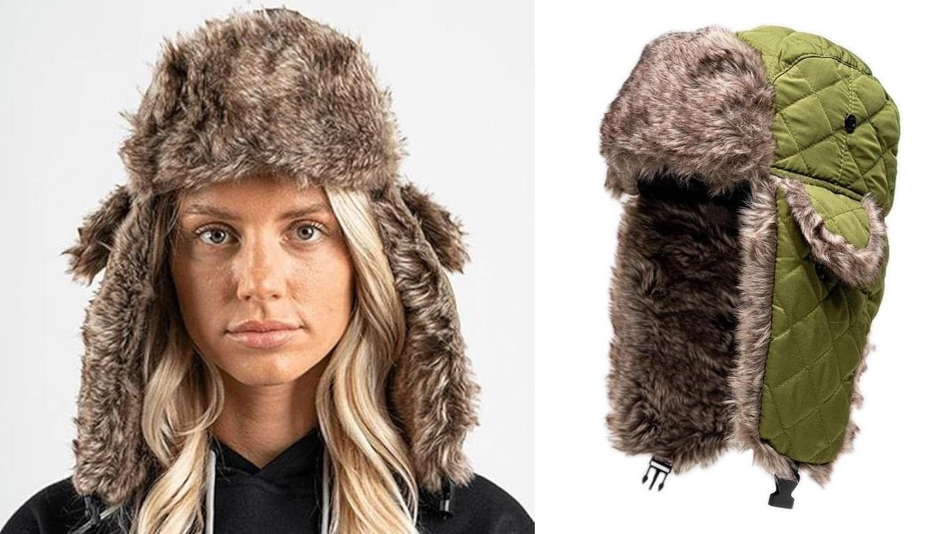 Winter outdoor scene featuring S A Company Trapper Hat in Snow Camo