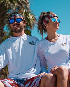 S A Company UV 30+ face shield shown as a multipurpose neck gaiter and balaclava for outdoor sun protection