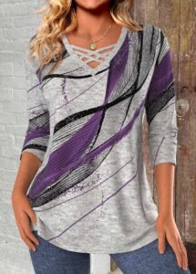 MODLILY Light Grey Marl Criss Cross Geometric Print T-Shirt with criss cross neckline and geometric pattern