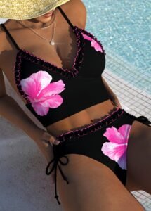 MODLILY Mid Waisted Floral Print Black Bikini Set with floral print and mid-waisted bottoms