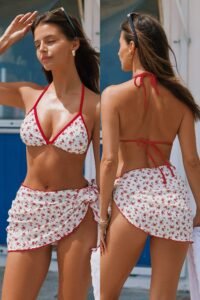 Cupshe Sweet Nostalgia Floral 3-Piece Bikini Set with romantic floral print and matching cover-up