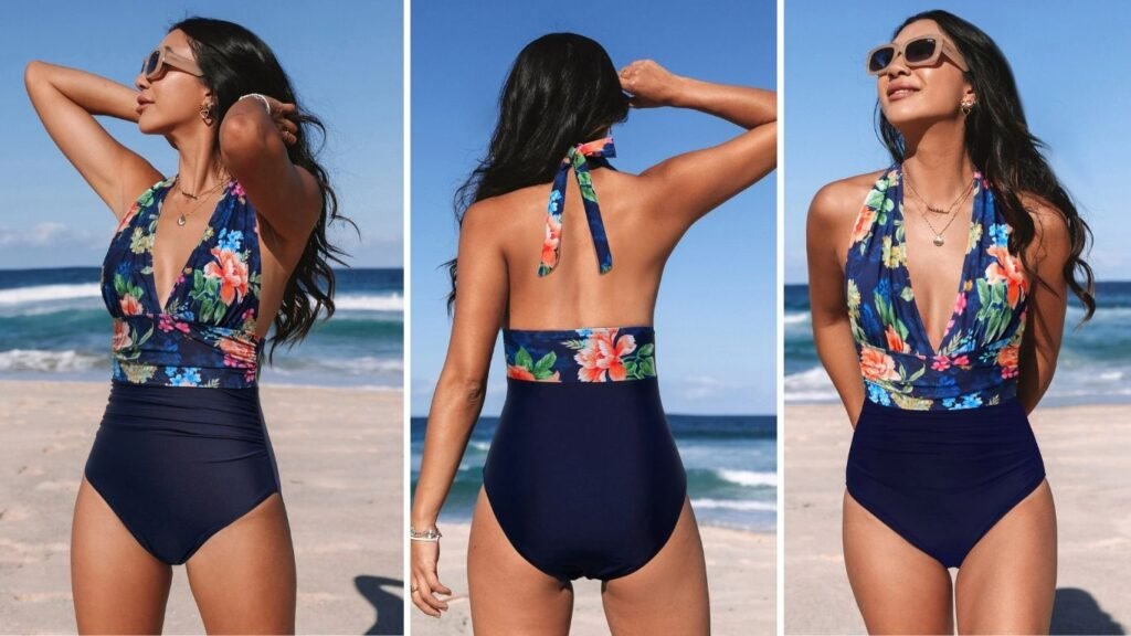 Cupshe Floral & Navy Halterneck Tummy Control One-Piece Swimsuit front view