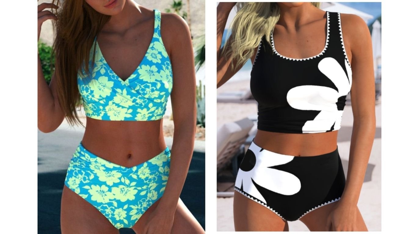 MODLILY Mid Waisted Floral Print Black Bikini Set with floral print and mid-waisted bottoms