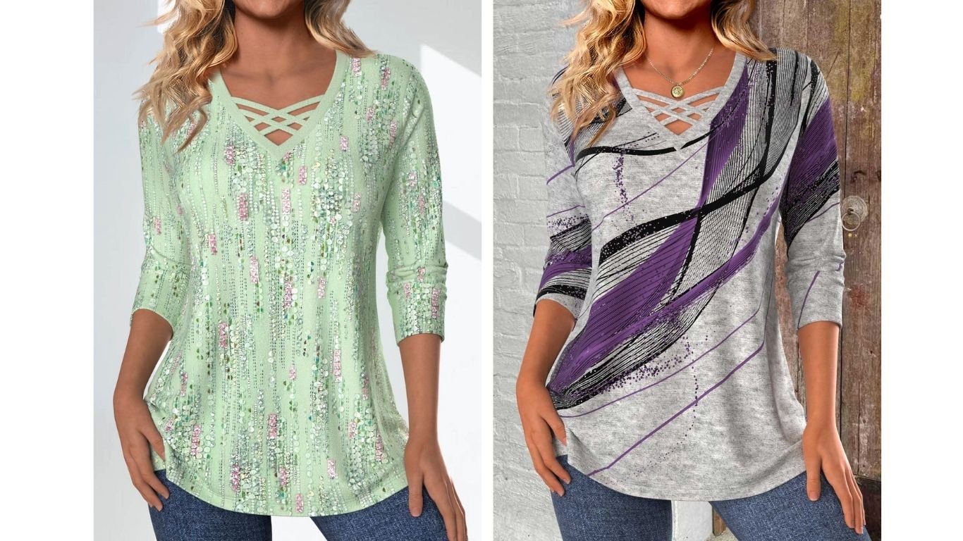 MODLILY Light Grey Marl Criss Cross Geometric Print T-Shirt with criss cross neckline and geometric pattern