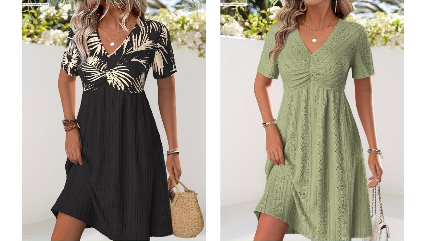 MODLILY Black Tummy Coverage Tropical Plants Print Short Dress with tropical plant pattern